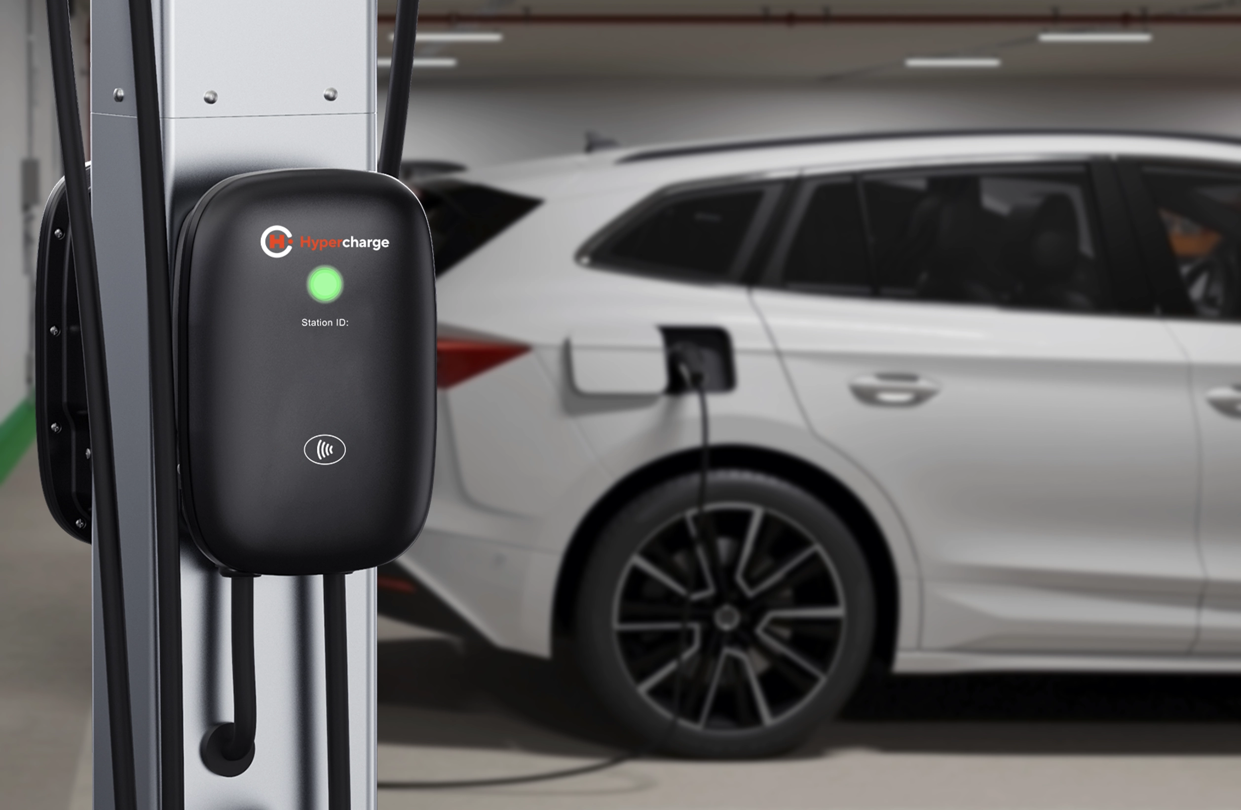 A white electric car is parked and charging at an indoor station. The focus is on the black Hypecharge charging unit with a green indicator light—ideal for those with ev charging questions about efficient home solutions.