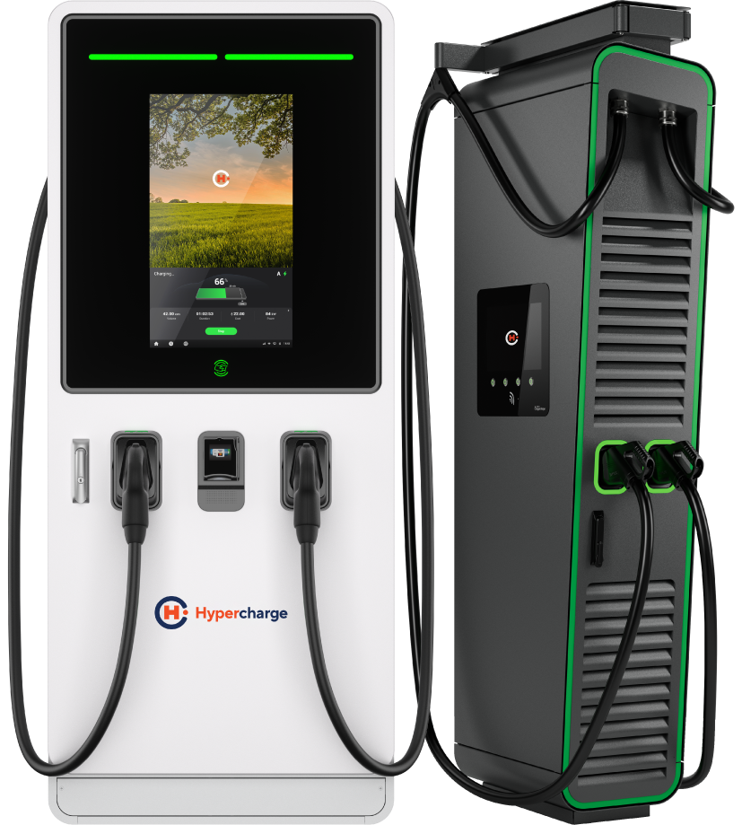 Autel MaxiCharger DC and MaxiCharger DC HiPower charging stations with digital screens, charging cables, and branding logos, shown side by side against a plain background.