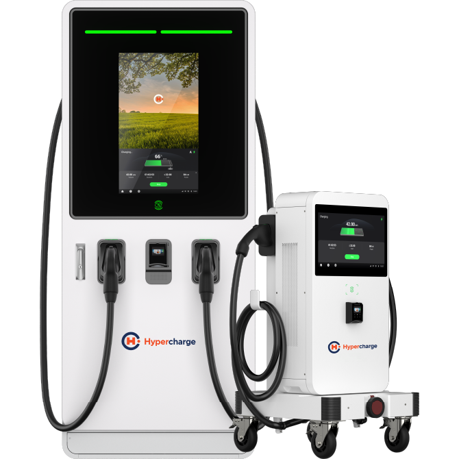 Two white Hypercharge EV charging stations are shown, one large and one smaller mobile unit, both featuring screens and charging cables. The larger unit displays a scenic landscape on its screen.