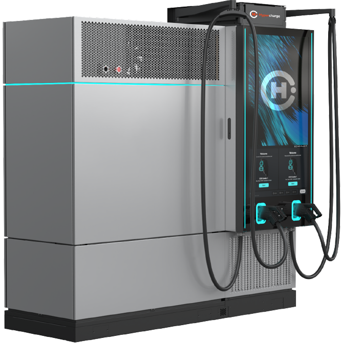 A modern electric vehicle charging station with a large display screen, two charging cables, and a sleek silver and black design featuring blue accent lighting.