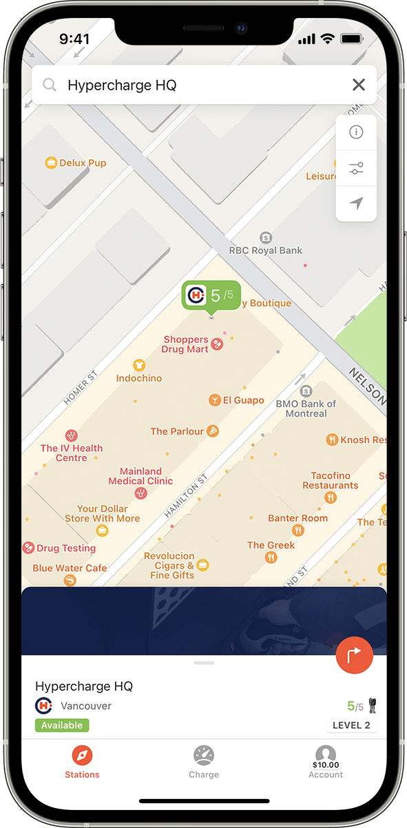 Smartphone screen showing a map of downtown Vancouver with Hypercharge HQ highlighted. The station is marked as available with 5 out of 5 charging points. Nearby businesses and landmarks are labeled.