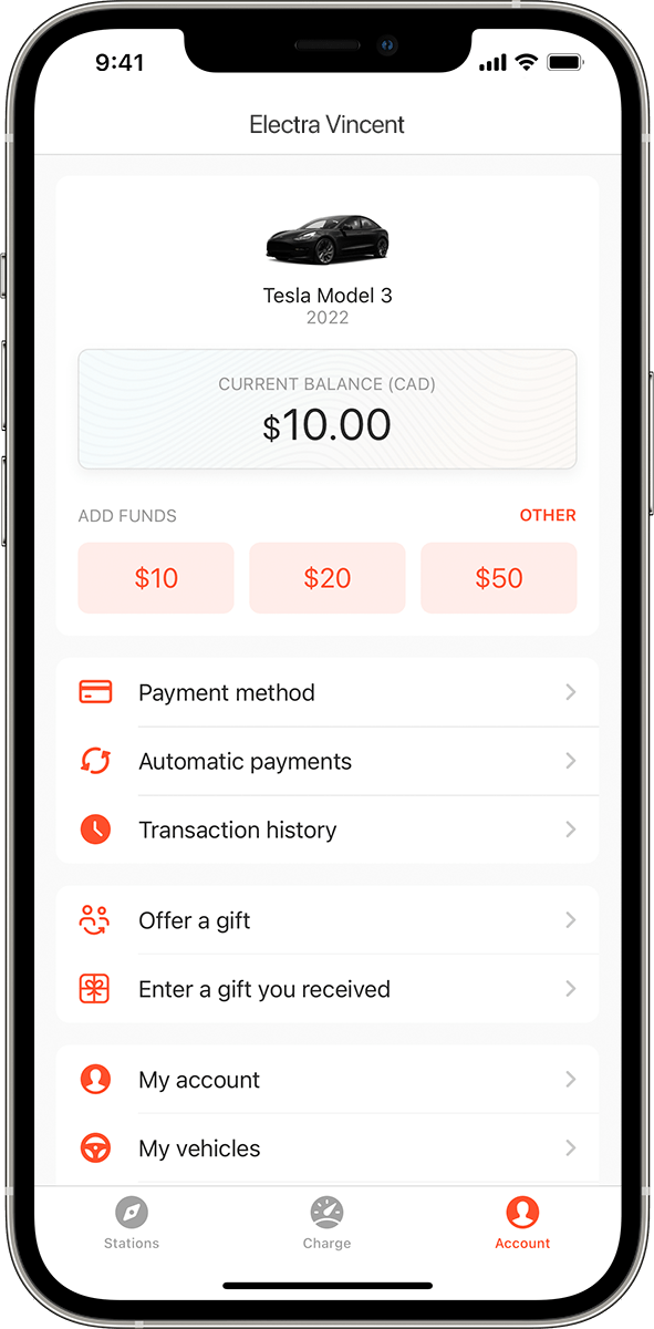 A smartphone screen displays an app account page showing a Tesla Model 3, 2022, a $10 CAD balance, and options to add funds. Menu options include payment method, transaction history, gift options, account, and vehicles.