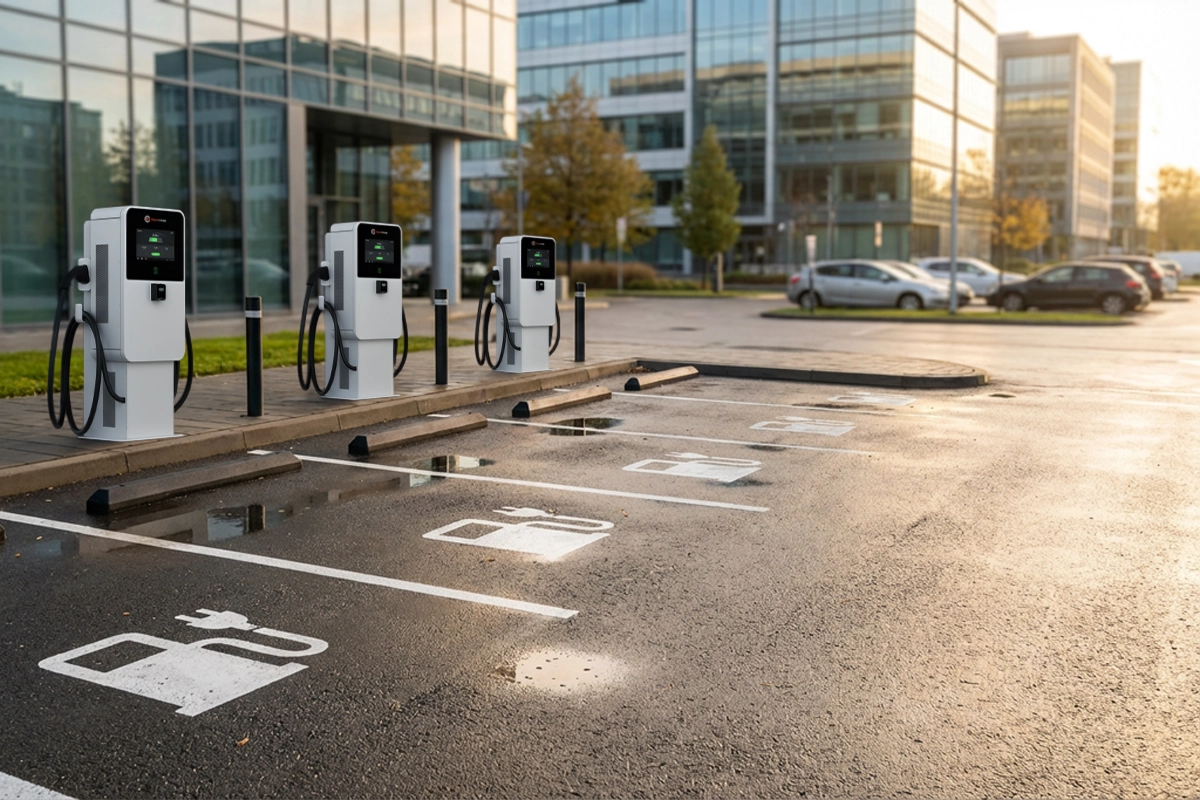 Une rangée de stations de recharge pour véhicules électriques dans un stationnement devant des immeubles de bureaux modernes, mettant en lumière les 5 problèmes les plus courants liés à la recharge publique de VE, avec plusieurs places vides et quelques voitures stationnées en arrière-plan. A row of electric vehicle charging stations in a parking lot outside modern office buildings, highlighting the 5 Most Common Issues with Public EV Charging, with several empty EV spots and a few parked cars in the background.
