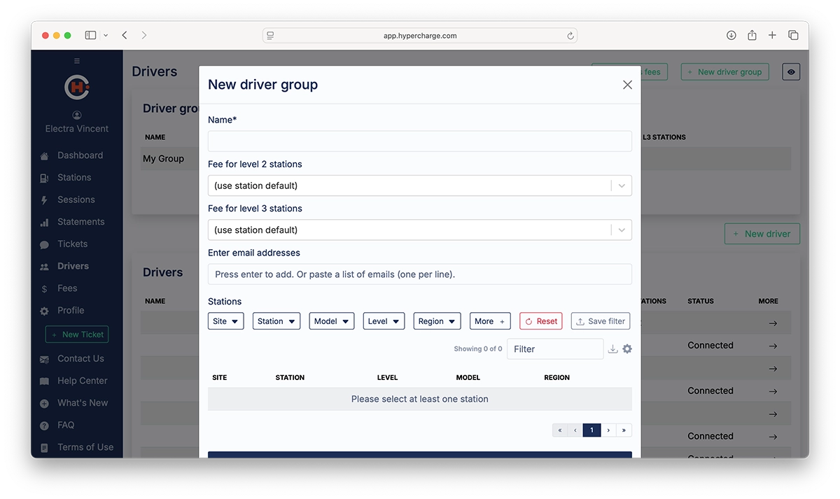 A web browser window displays a “New driver group” form, prompting for a name, fee options, email addresses, and station selections with a sortable, filterable list of stations below.
