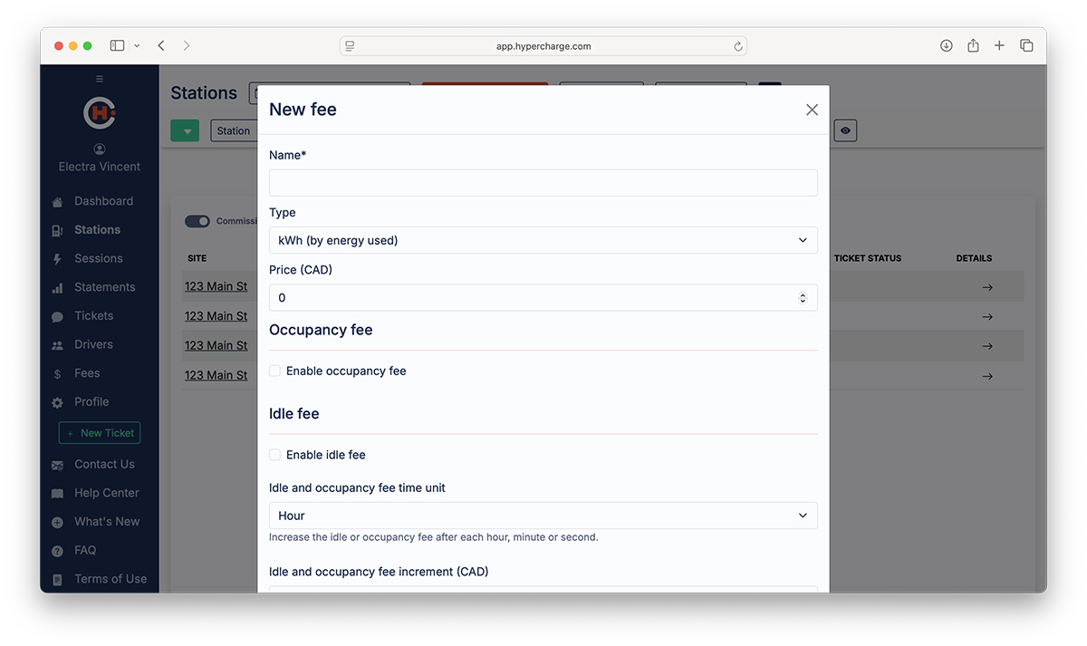 A web form titled New fee is displayed, showing fields for name, type, price, and options to enable occupancy and idle fees, with additional settings for time unit and fee increment in CAD.