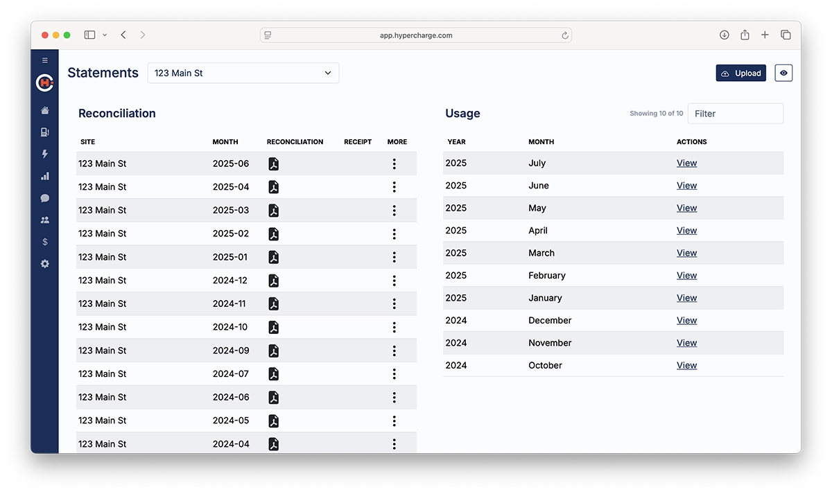 A web dashboard displays financial statements for 123 Main St, listing reconciliation and receipt documents by month on the left and monthly usage details by year on the right, with options to view or filter data.