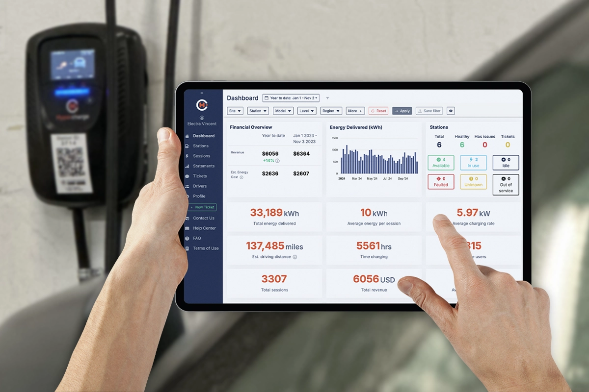A person uses a tablet displaying a dashboard with electric vehicle charging statistics and financial data, highlighting increasing EV charging revenue with strategic pricing strategies; a wall-mounted EV charger is visible in the background.