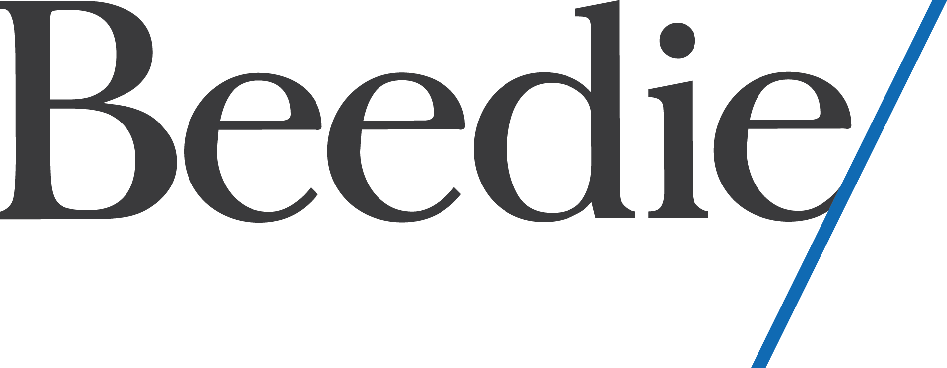 Beedie logo, black serif font on a light background, with a diagonal blue line starting from the bottom right edge of the image.