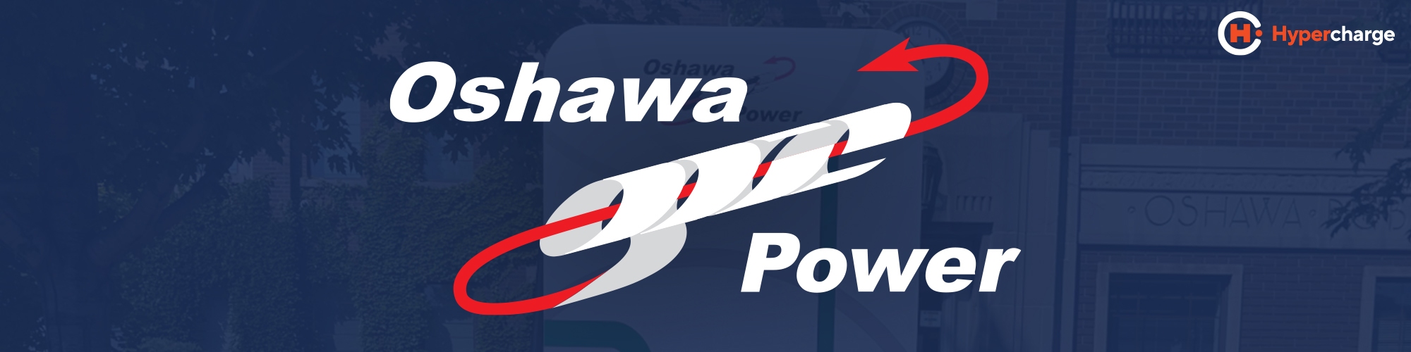 Oshawa Power logo with a stylized red and white charging cable, showcasing Oshawa Power EV charging, and the Hypercharge logo in the top right corner.