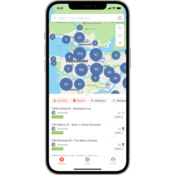 A smartphone displays a map of Vancouver with clusters of numbered blue markers, indicating locations. Below the map, a list shows charging stations with details like address, city, and charging levels.