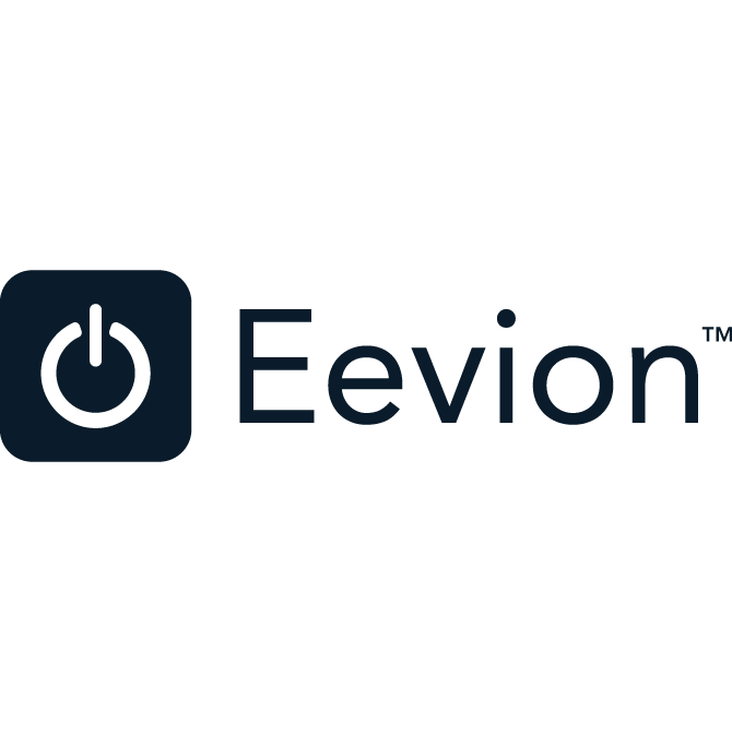 A dark blue power button icon inside a square appears next to the word “Eevion™” in a modern sans-serif font on a transparent background.