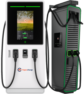 solutions-2 Two modern electric vehicle charging stations with screens and attached charging cables, both displaying the Hypercharge logo on the front panels. The left station has a touchscreen with a green field image.