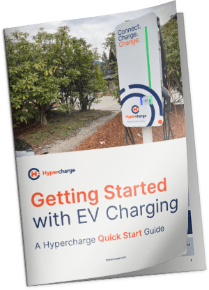 A brochure for Hypercharge titled Getting Started with EV Charging: A Hypercharge Quick Start Guide, featuring an electric vehicle charging station outdoors next to greenery.