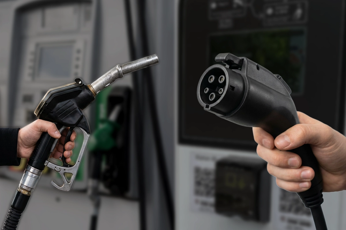 A person holds a gasoline pump nozzle on the left, while another hand holds an electric vehicle charging plug on the right, symbolizing the choice between fuel and electric cars and raising the question: How Much You Can Save Each Year?