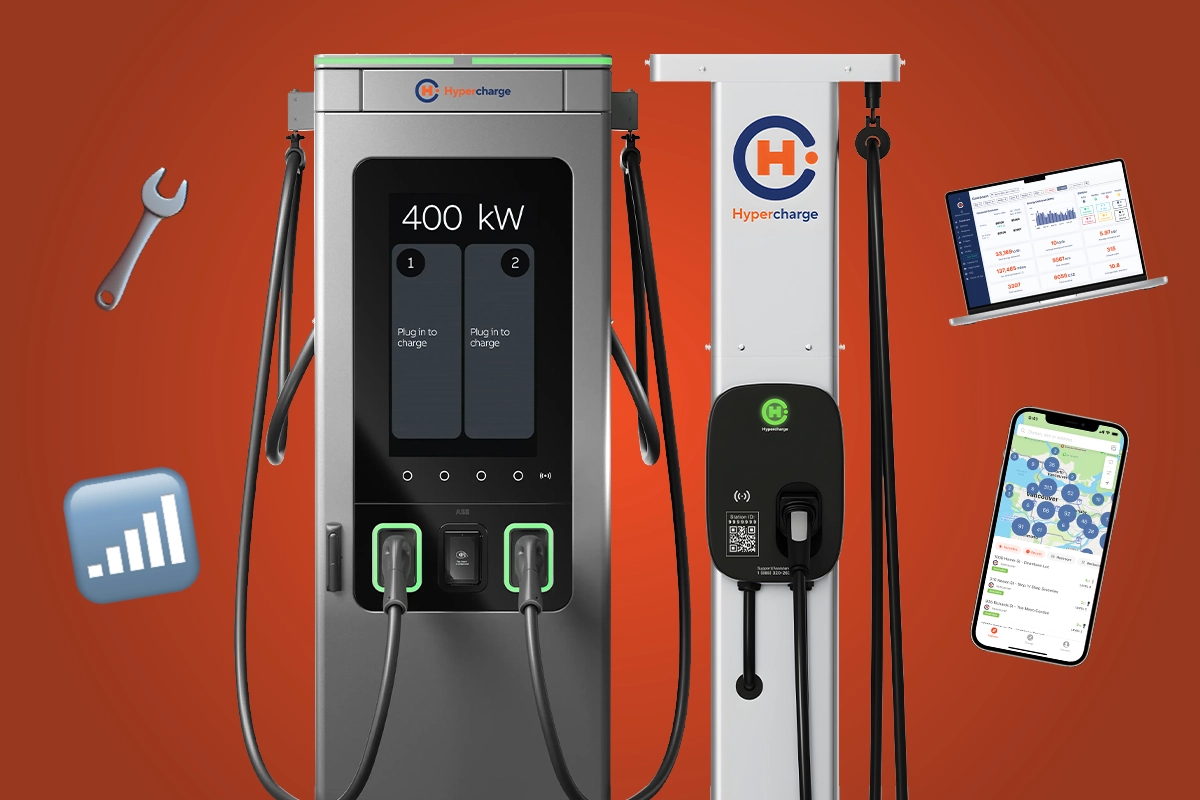ABB A400 DC Fast Charger and Hypercharge Halo, one basic stand against a red background with icons. Explore how much it costs to operate EV charging stations for apartments, condos, and businesses in this dynamic visual.