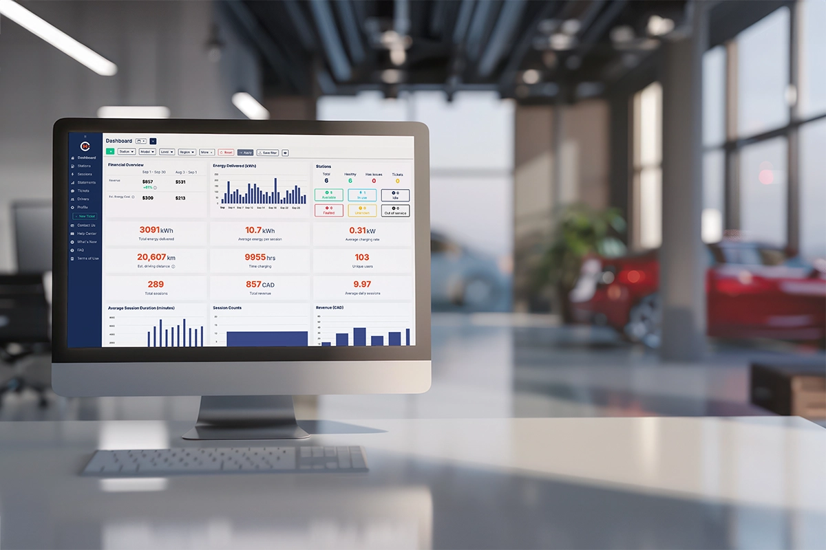 A computer monitor on a desk displays an EV Charging Software for Dealerships data dashboard with charts and graphs in a modern office space; blurred cars and large windows are visible in the background.