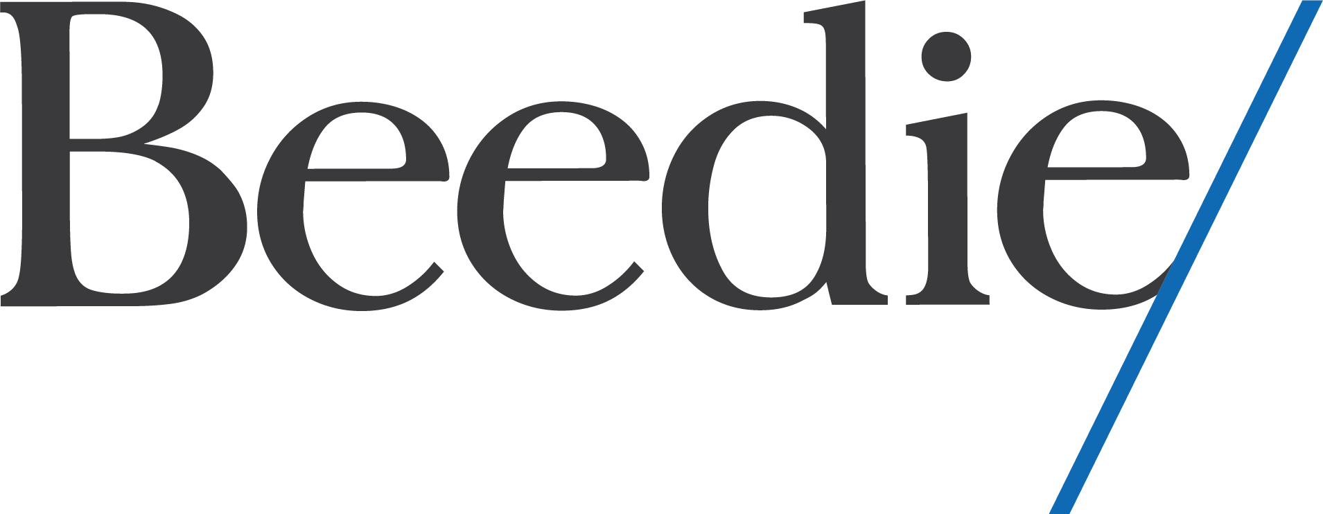 Beedie logo, black serif font on a light background, with a diagonal blue line starting from the bottom right edge of the image.