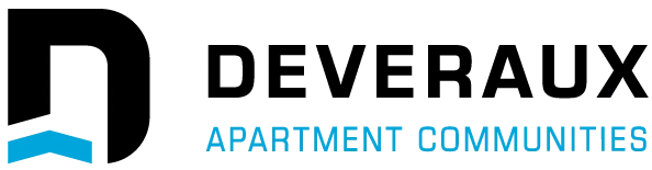 Logo for Deveraux Apartment Communities. It features a stylized black D shape with a blue geometric design below it, followed by the words DEVERAUX in bold black text and APARTMENT COMMUNITIES in light blue text.