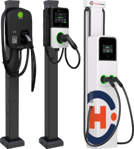 Three electric vehicle charging stations with display screens and black charging cables, each mounted on a stand. The station on the right features a large orange and blue H logo.