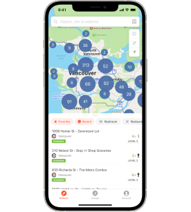 A smartphone displays a map of Vancouver with numbered blue circles indicating locations. Below the map, a list of addresses and buildings is shown, each labeled with a green “LEVEL 2” icon.